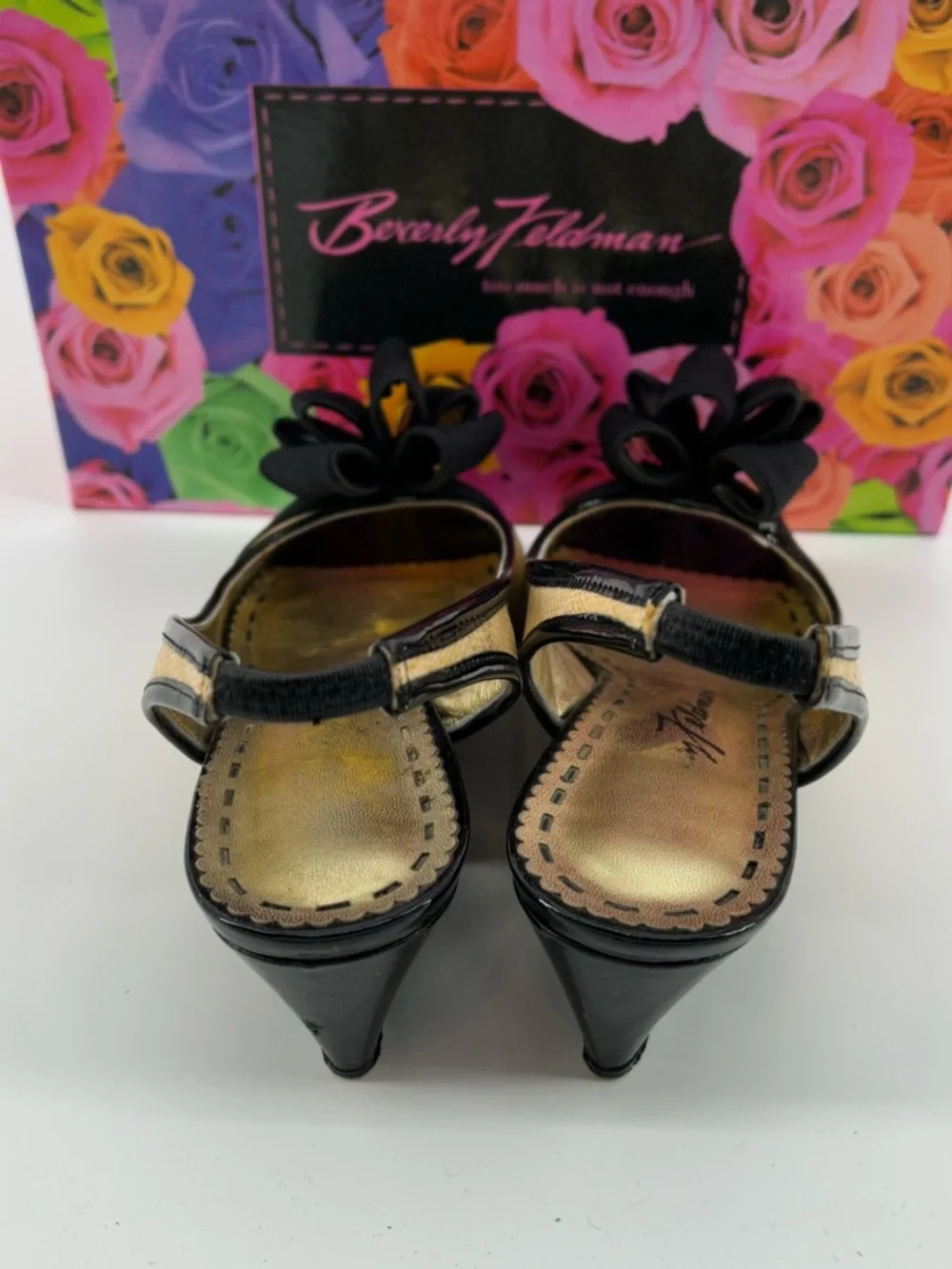Beverly Feldman Black and Natural Slingback Peep-Toe Wedges with Bow